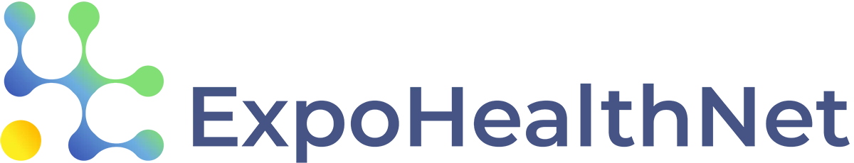 ExpoHealthNet logo featuring interconnected molecular-style nodes in blue, green, and yellow